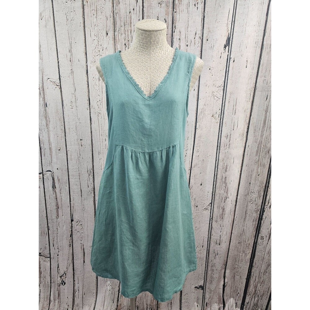 Terzo Millennio Women's S Italy Teal Crochet Neckline 100% Linen Shift Dress EUC